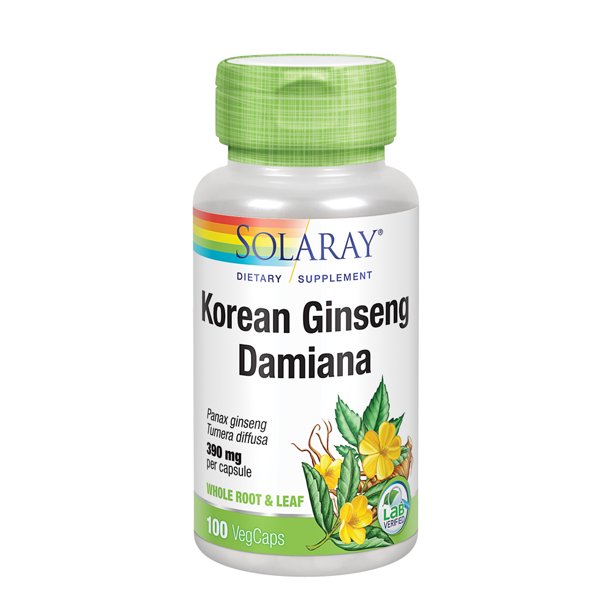 (st0021) Solaray Korean Ginseng Root & Damiana Leaf 390mg 100 VegCaps Mms00166